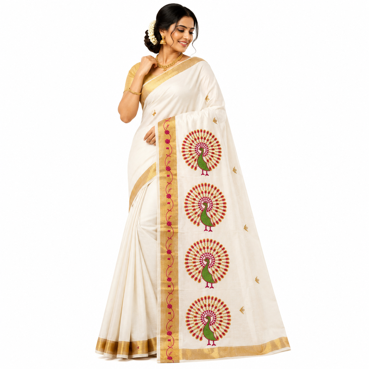 Traditional Kerala Kasavu Saree with Pink Peacock