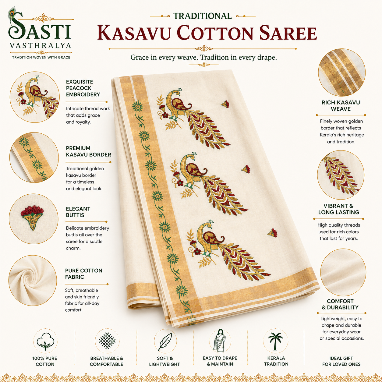 Traditional Kerala Kasavu Saree with Peacock