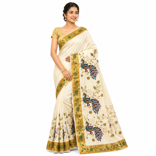 Traditional Kerala Kasavu Saree with Pink Peacock & Navy Wave Border