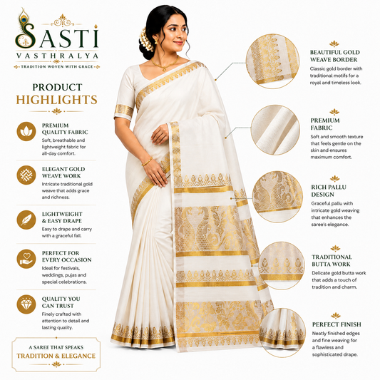 Sasti Vasthralya Traditional Cream Kerala Kasavu Saree with Royal Peacock and Temple Zari Woven Pallu for Onam