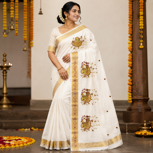 Sasti Vasthralya Off-White Kerala Kasavu Saree with Mustard Gold and Maroon Peacock Shoulder and Pallu Embroidery for Onam