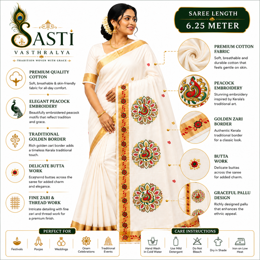 Sasti Vasthralya Traditional Kerala Kasavu Saree with Red and Green Temple Mural Circle Artwork