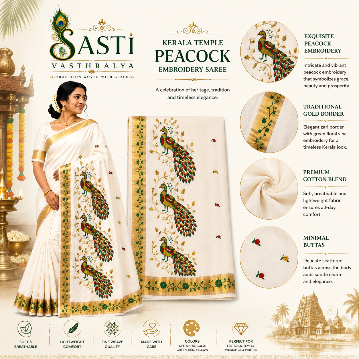 Sasti Vasthralya Premium Off-White Kerala Kasavu Saree with Detailed Multi-Colour Peacock Embroidery for Onam
