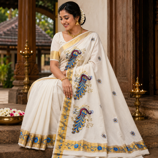 Sasti Vasthralya Premium Off-White Kerala Kasavu Saree with Rich Royal Blue Peacock Placement Embroidery and Borders for Onam