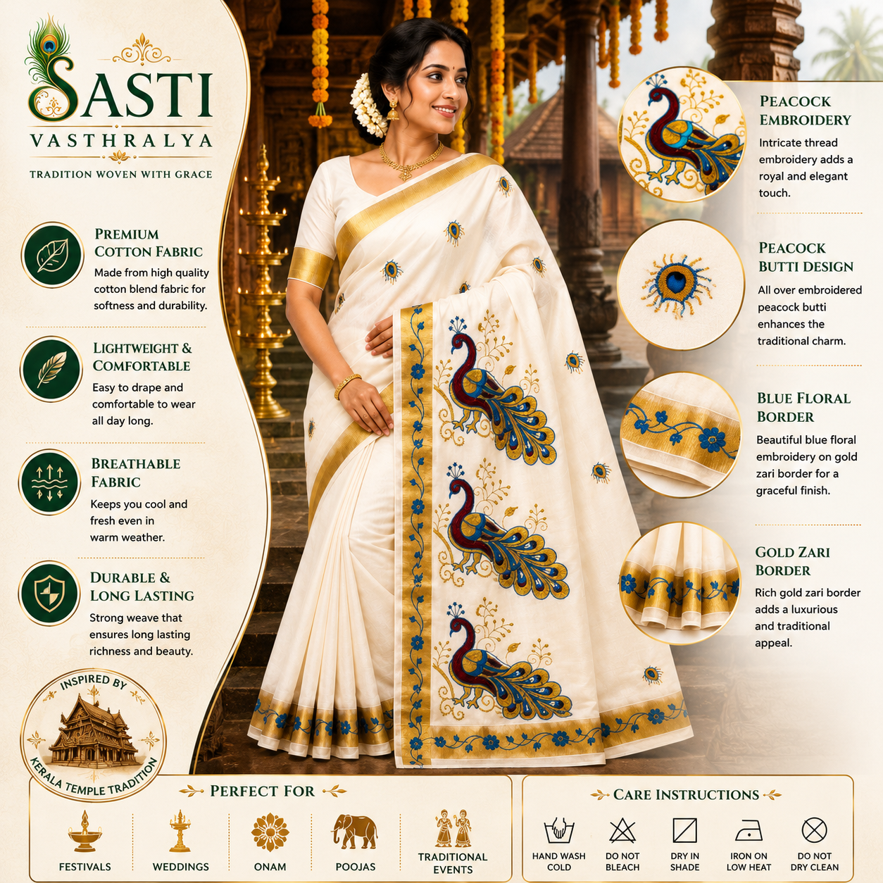 Sasti Vasthralya Premium Off-White Kerala Kasavu Saree with Rich Royal Blue Peacock Placement Embroidery and Borders for Onam