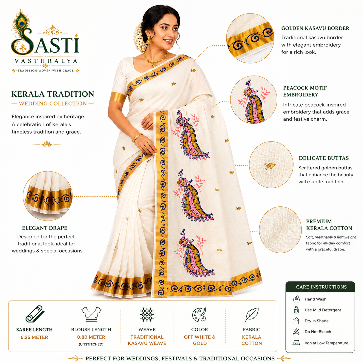 Sasti Vasthralya Off-White Kerala Kasavu Saree with Pink Purple and Navy Blue Peacock Art and Navy Wave Woven Borders for Onam