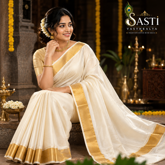 Sasti Vasthralya Plain Sandal Kerala Kasavu Saree with Golden Zari Border for Onam
