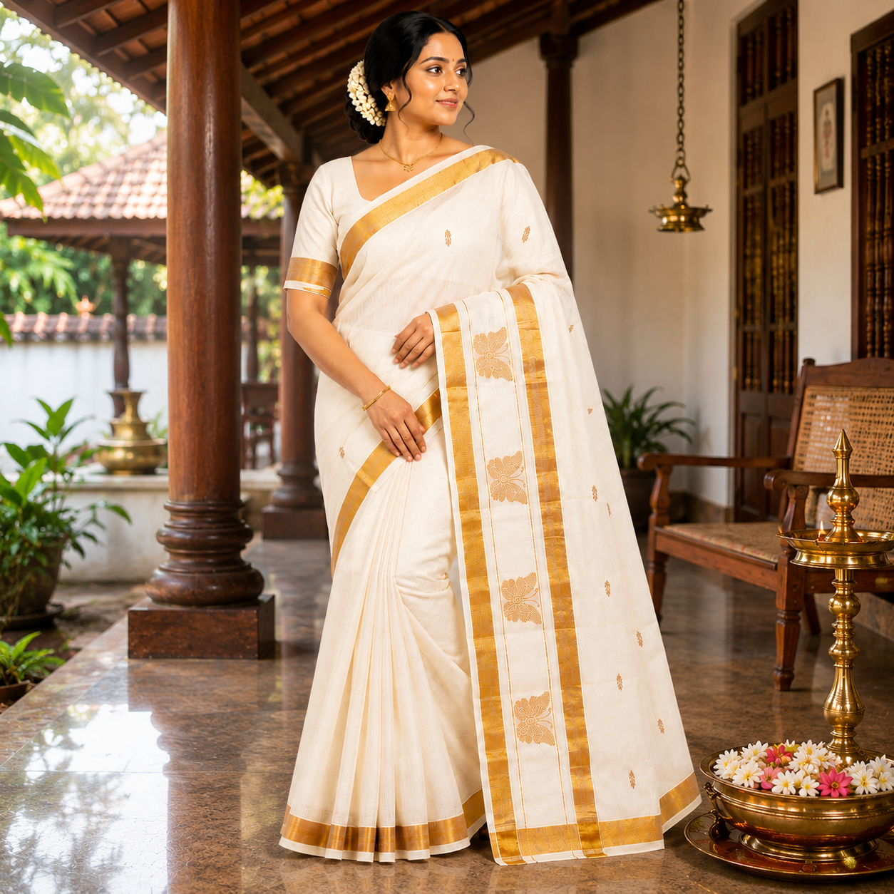 Premium Half White and Golden Zari Sarees