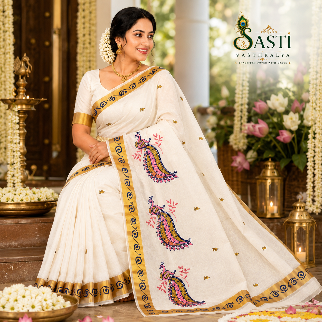 Onam Kasavu Sarees with Peacock Mural & Embroidery