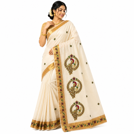 Traditional Kerala Kasavu Saree with Peacock