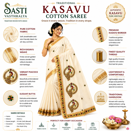 Traditional Kerala Kasavu Saree with Peacock