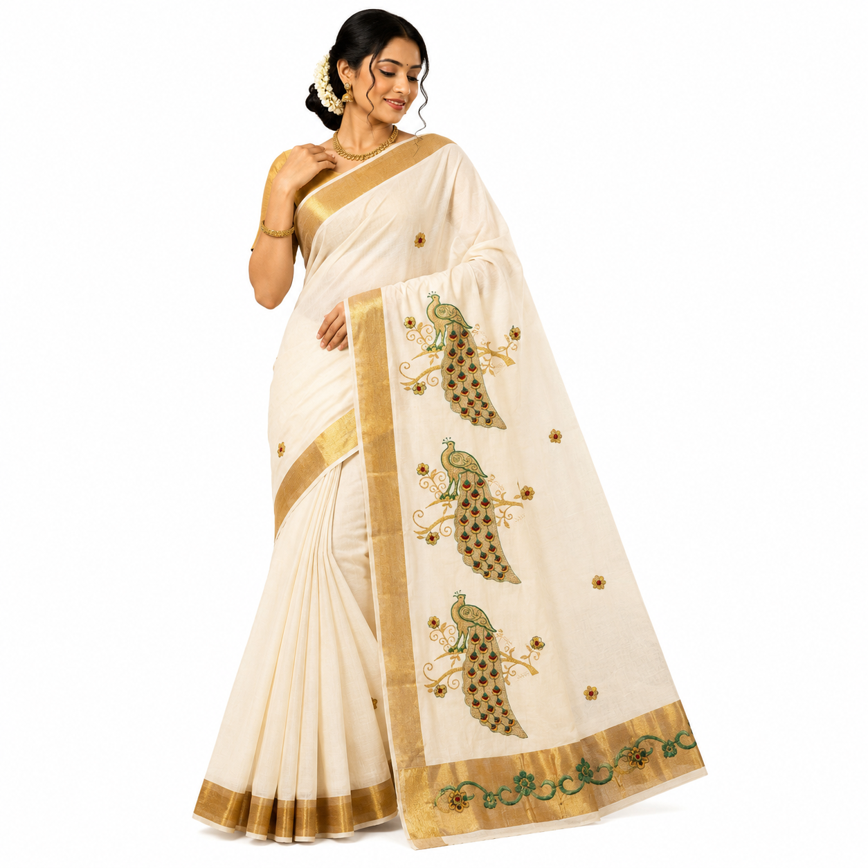 Traditional Kerala Kasavu Saree with Peacock