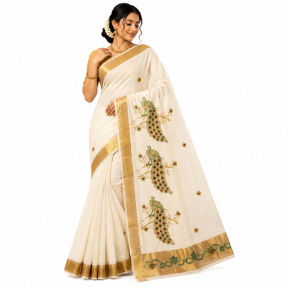 Traditional Kerala Kasavu Saree with Peacock