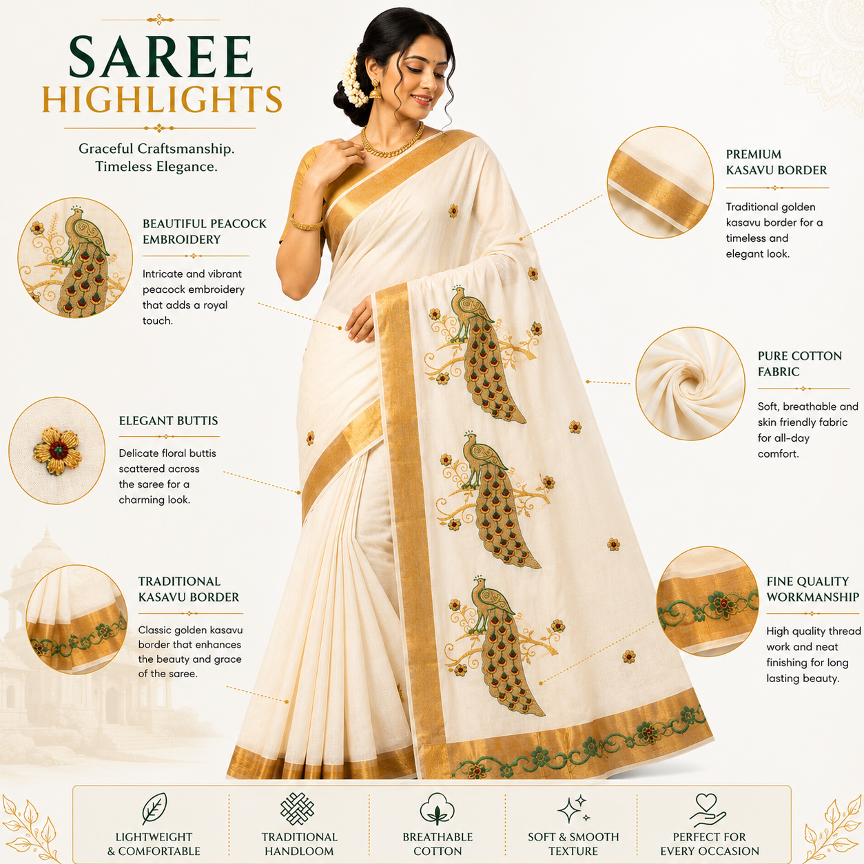 Traditional Kerala Kasavu Saree with Peacock