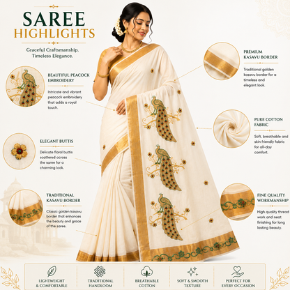 Traditional Kerala Kasavu Saree with Peacock