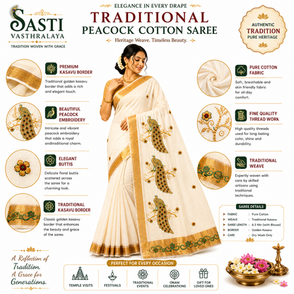 Traditional Kerala Kasavu Saree with Peacock