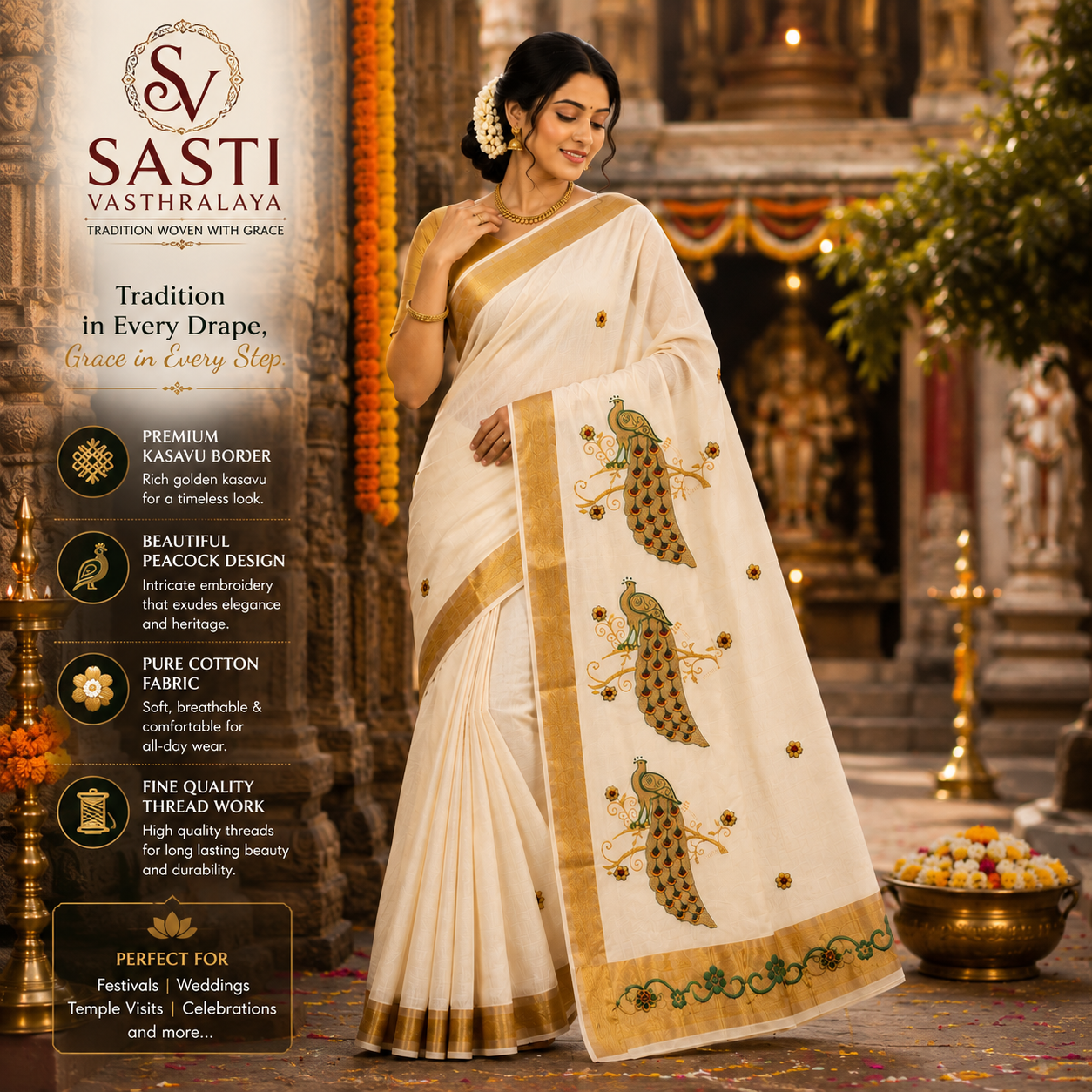 Traditional Kerala Kasavu Saree with Peacock