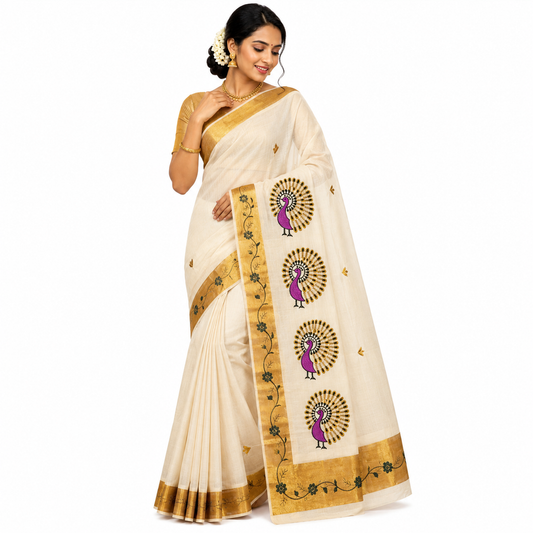 Traditional Kerala Kasavu Saree with Peacock