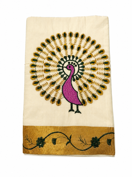 Traditional Kerala Kasavu Saree with Peacock
