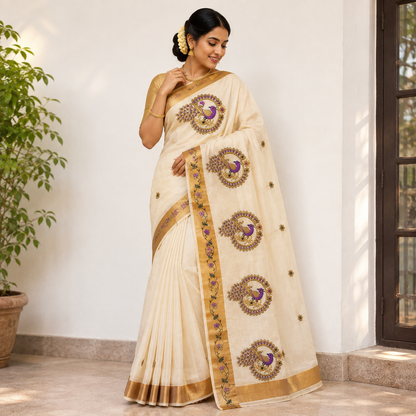 Traditional Kerala Kasavu Saree with Peacock