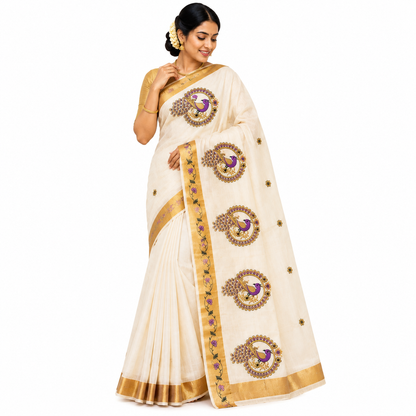 Traditional Kerala Kasavu Saree with Peacock