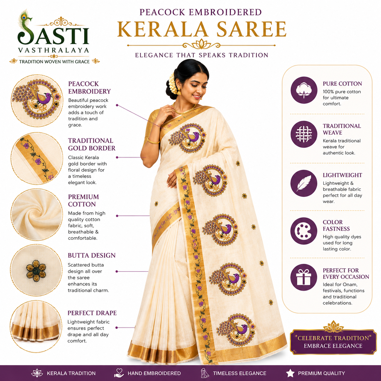 Traditional Kerala Kasavu Saree with Peacock