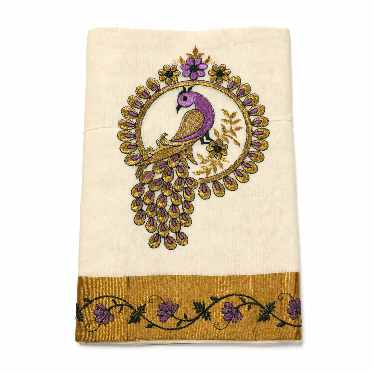 Traditional Kerala Kasavu Saree with Peacock