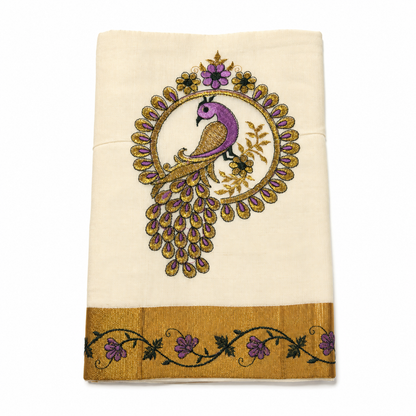 Traditional Kerala Kasavu Saree with Peacock