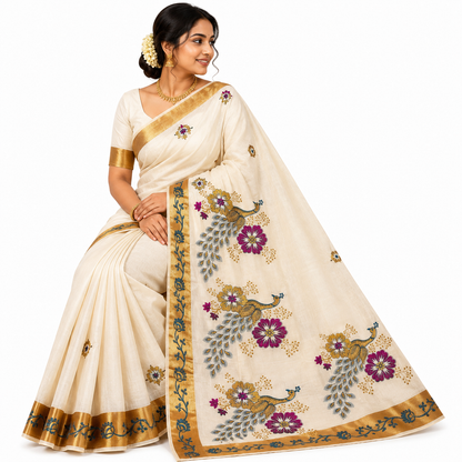 Traditional Kerala Kasavu Saree Peacock