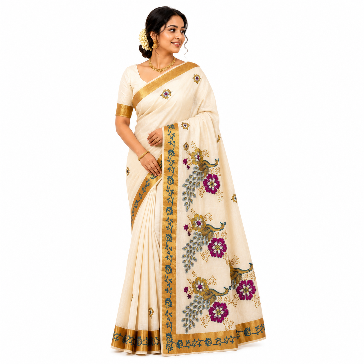 Traditional Kerala Kasavu Saree Peacock