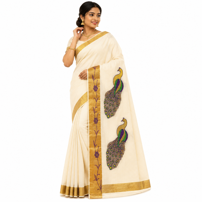 Traditional Kerala Kasavu Saree with Peacock