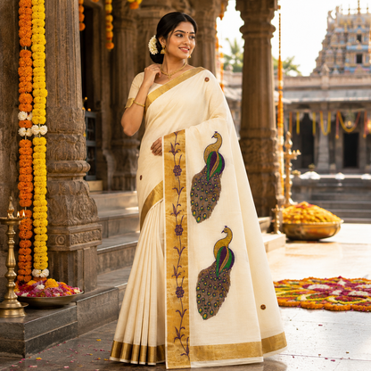 Traditional Kerala Kasavu Saree with Peacock