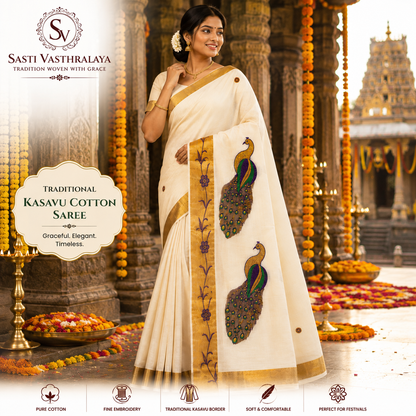 Traditional Kerala Kasavu Saree with Peacock