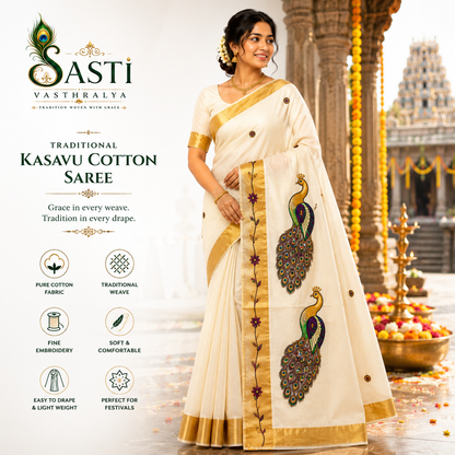 Traditional Kerala Kasavu Saree with Peacock