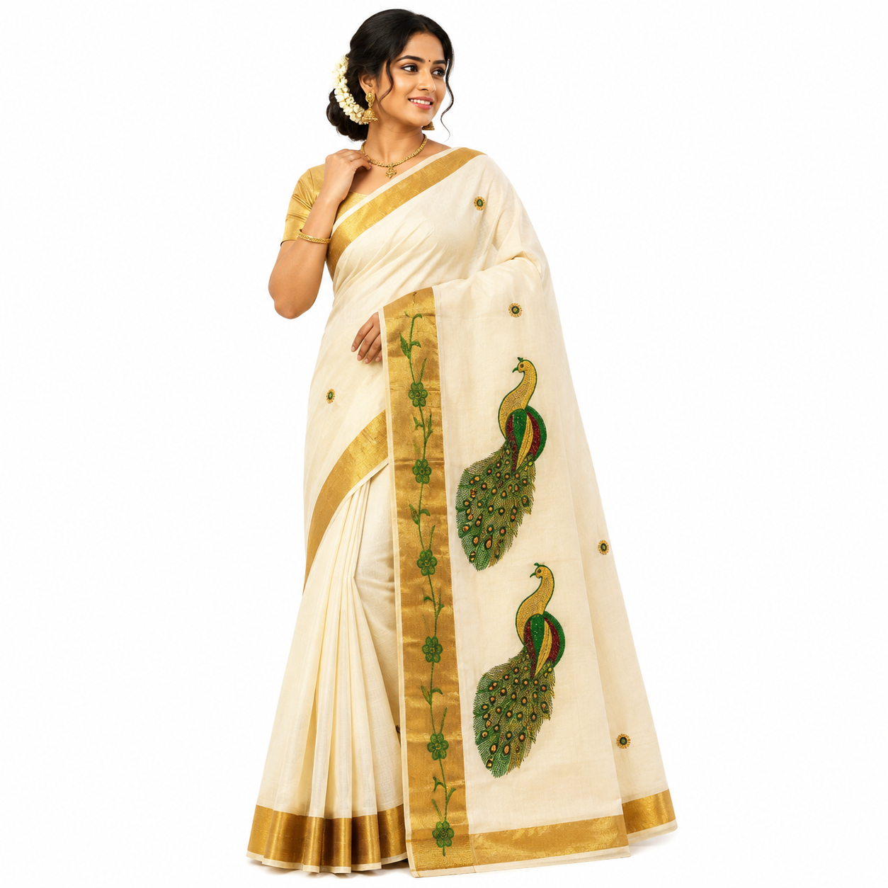 Traditional Kerala Kasavu Saree with  Green Peacock