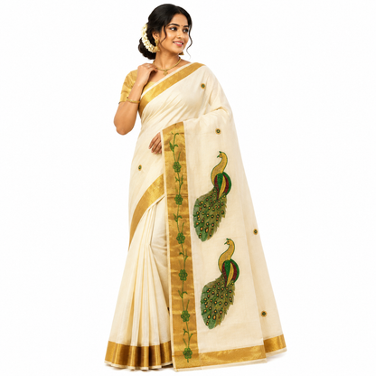 Traditional Kerala Kasavu Saree with  Green Peacock