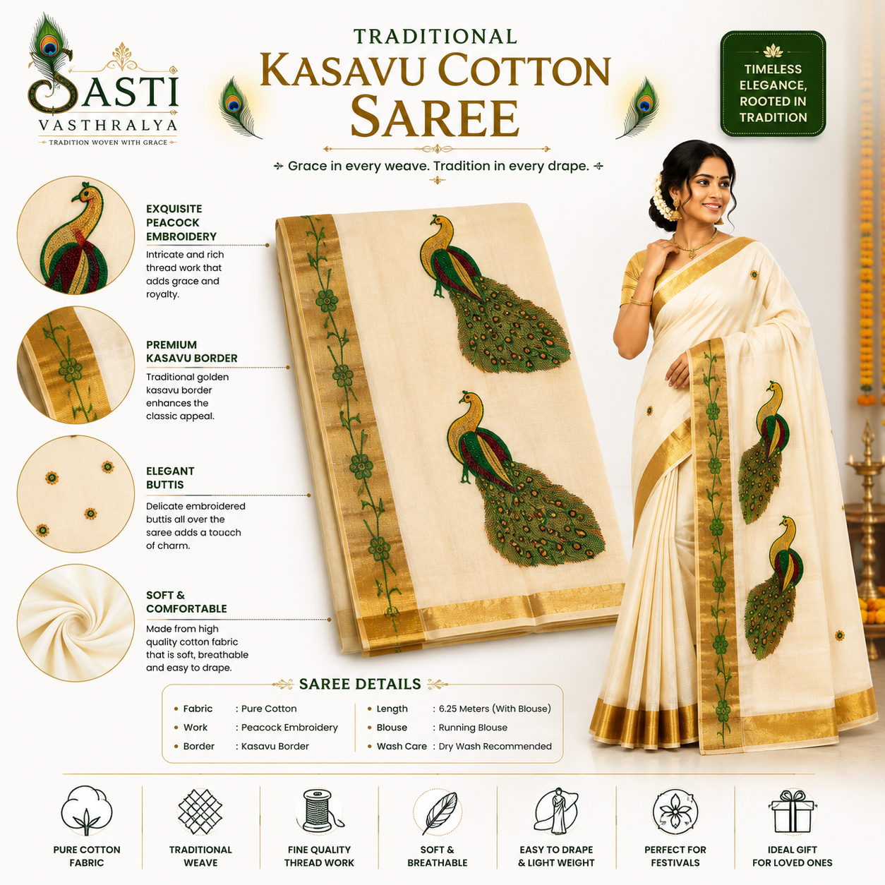 Traditional Kerala Kasavu Saree with  Green Peacock