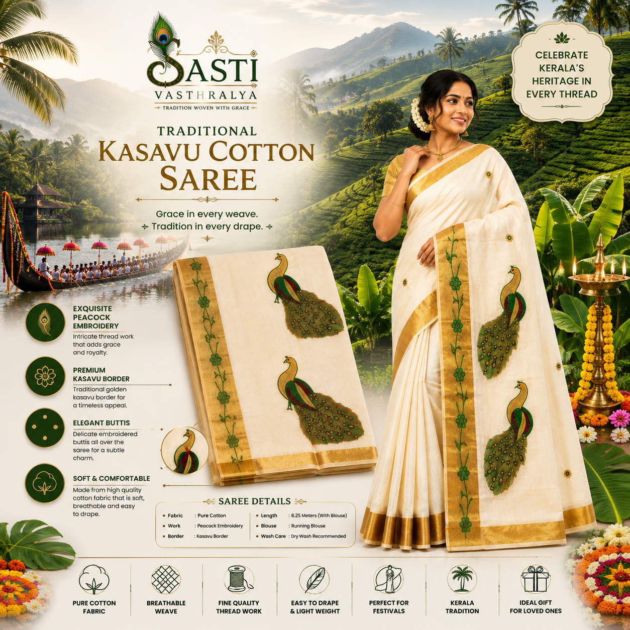 Traditional Kerala Kasavu Saree with  Green Peacock