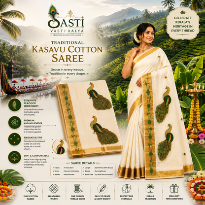 Traditional Kerala Kasavu Saree with  Green Peacock