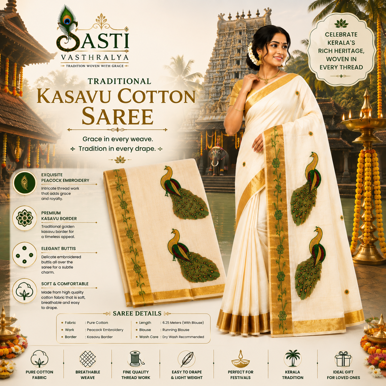 Traditional Kerala Kasavu Saree with  Green Peacock