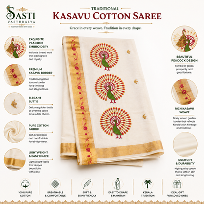Traditional Kerala Kasavu Saree with Pink Peacock