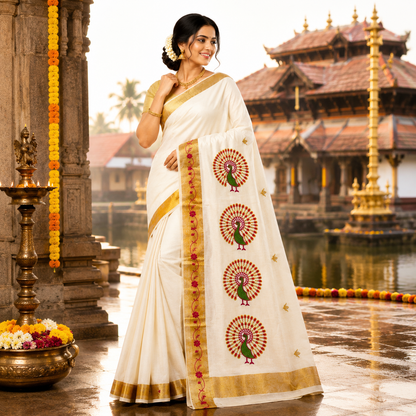 Traditional Kerala Kasavu Saree with Pink Peacock