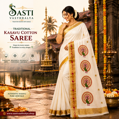 Traditional Kerala Kasavu Saree with Pink Peacock