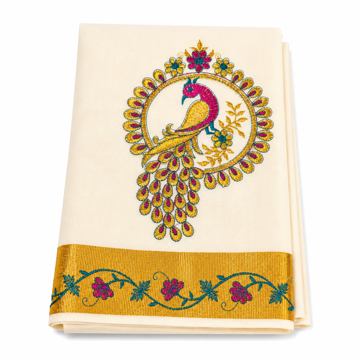 Traditional Kerala Kasavu Saree with  Peacock