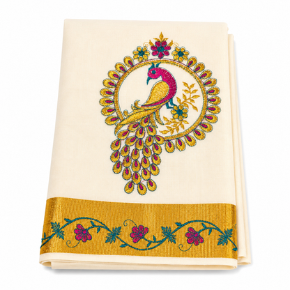 Traditional Kerala Kasavu Saree with  Peacock