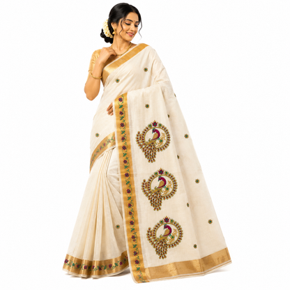 Traditional Kerala Kasavu Saree with  Peacock