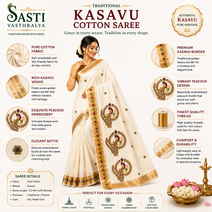 Traditional Kerala Kasavu Saree with  Peacock