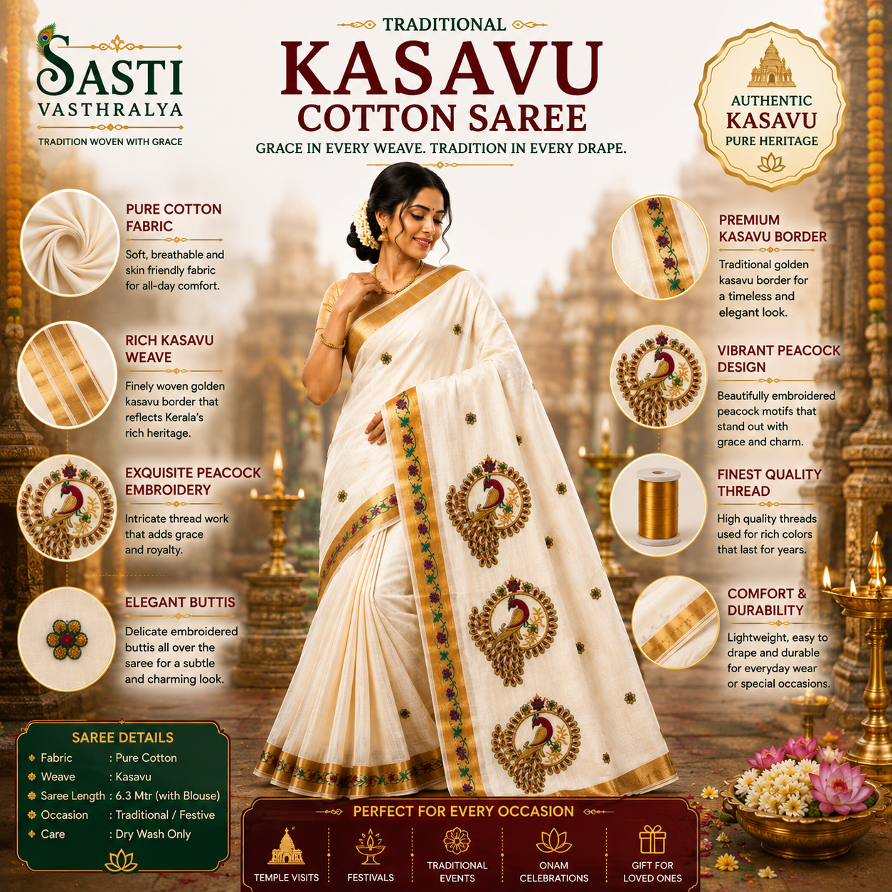 Traditional Kerala Kasavu Saree with  Peacock
