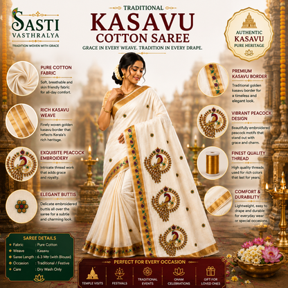Traditional Kerala Kasavu Saree with  Peacock