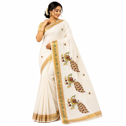 Traditional Kerala Kasavu Saree with  Peacock